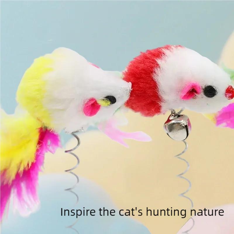 1PC Spring Mouse Colorful Suction Cup with Feather Teasing Stick Pet Toy