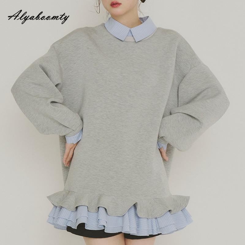 Korean Style Autumn Winter Women Hoodies Turn-Down Collar Patchwork Striped Oversized Pullover Layered Ruffles Outerwear