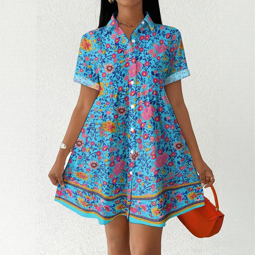 Casual Loose Fit Shirt Dress with Button Front and Stand Collar Short Sleeve Printed Summer Dress for Women