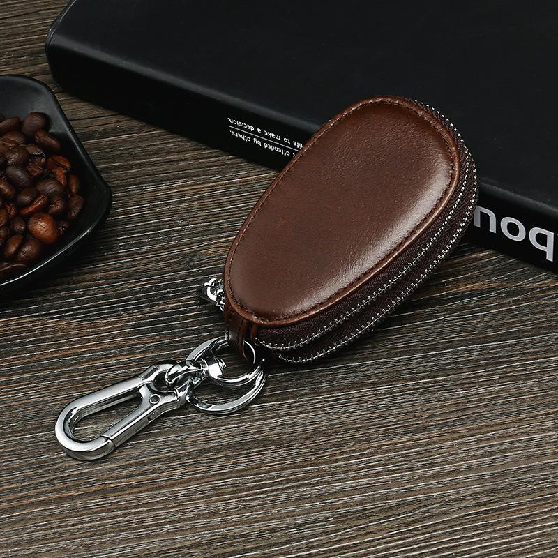Vintage Unisex Leather Key Case with Double Zipper and Multi-Function - Soft Surface Oil Wax, Car Key Holder, Genuine Cowhide