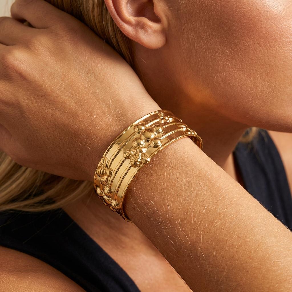 Roestvrij Staal Brede Manchet Armbanden voor Vrouwen Goudkleurig Grote Bij Bloemenprint Armbanden Exquise Feest Sieraden Accessoires