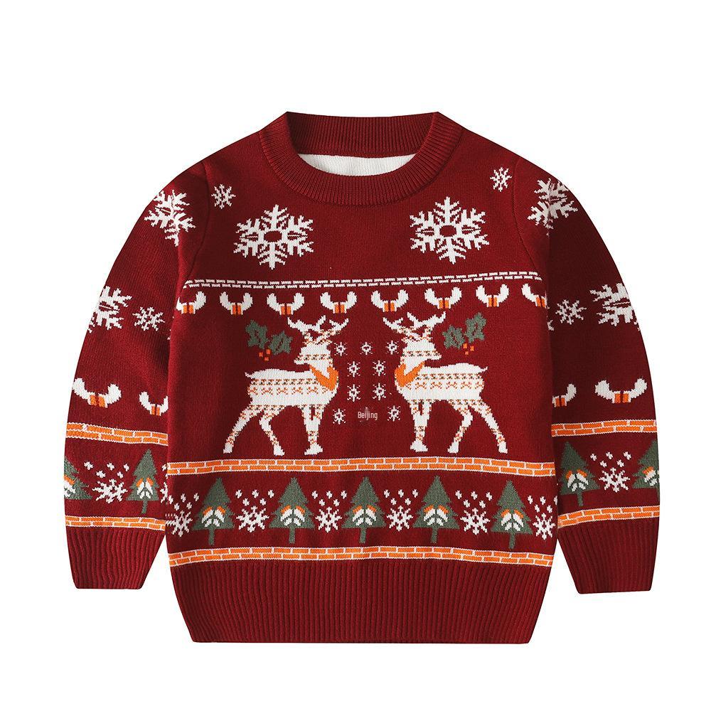 Kinder Rentier Weihnachtspullover - Doppellagiger Jacquard Cartoon Pullover, Langarm, Lagerware