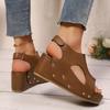 Fashion Women's Thick Heel Hollow out Fish Mouth Sandals Summer New Style Magic Tape Rivet Roman Shoe Type PU Leather Roman Shoes
