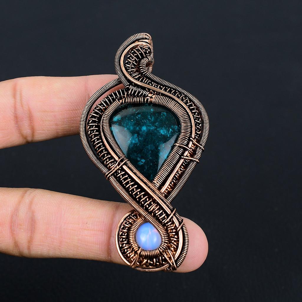 Natural Blue Baltic Amber,Milky Opal Gemstone Copper Wire Wrap Pendant 3.15 Z9k75