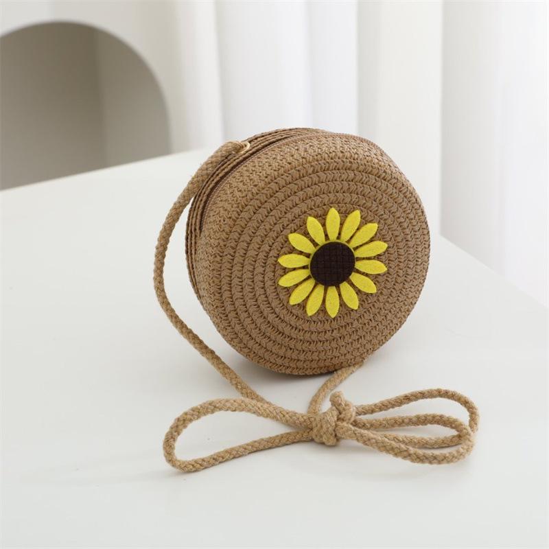 Summer Solid Color Straw Bag Shoulder Messenger Round Bag Children Versatile Outing Beach Bag Light Board DIY Round Weaving