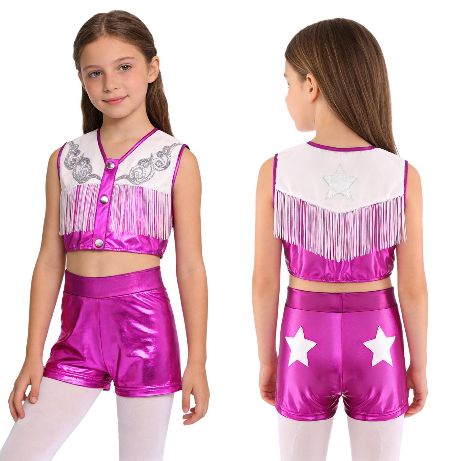 

Kids Girls 2Pcs Western Cowgirl Outfit Sequins Patchwork Metallic Gloss Sleeveless Fringed Top with Shorts for Fancy Ball Theme Party 7-8 Years горячий розовый
