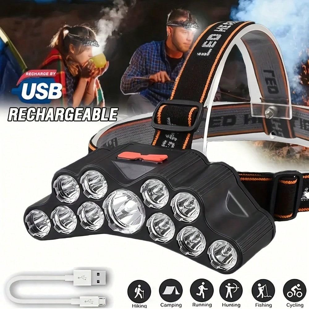 11 LED Headlamp, USB Rechargeable, Portable Head Flashlight, Ideal for Hiking, Camping, Fishing, Climbing and Outdoor Activities
