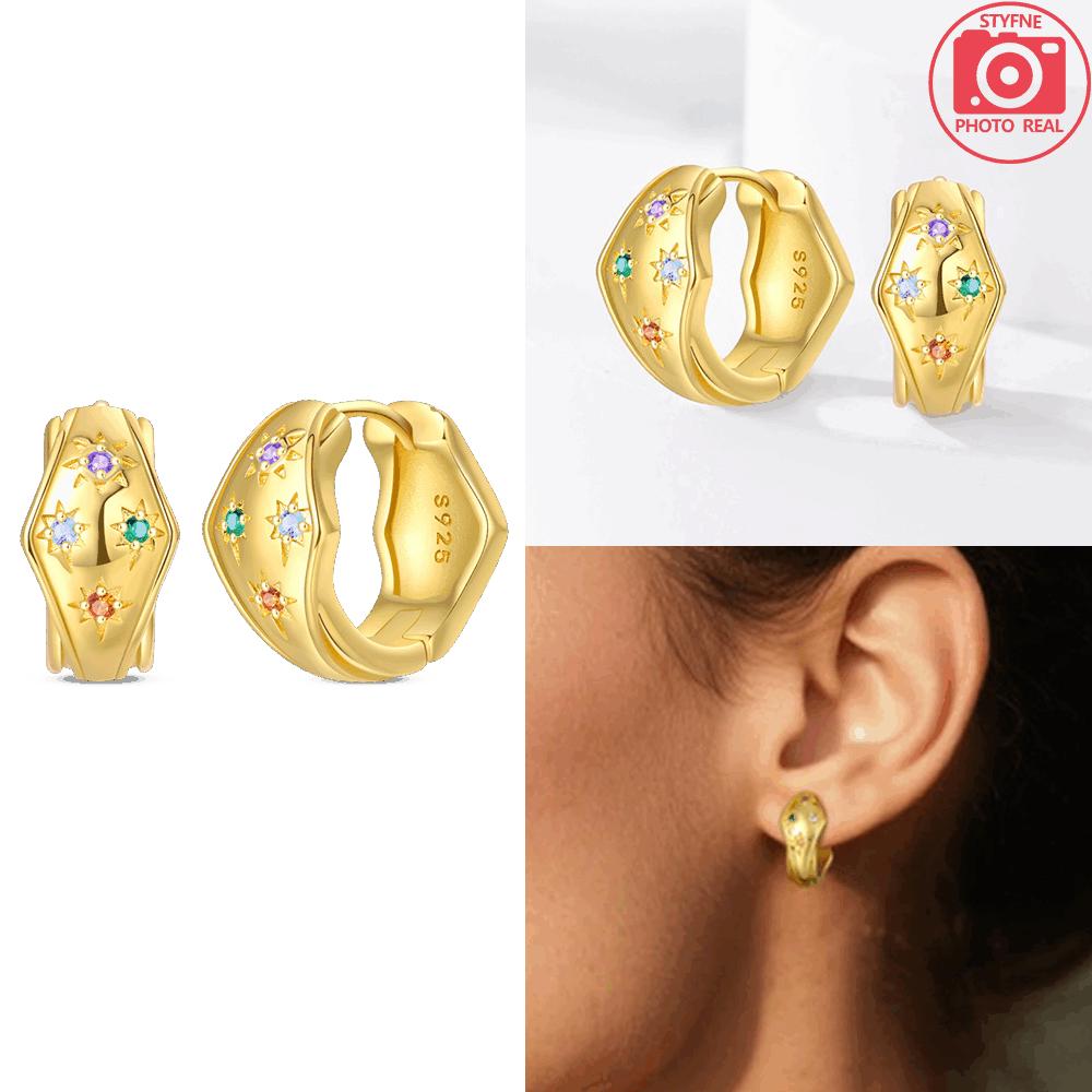

925 Silver Golden Round Earrings Colorful Zirconia Stones Retro Earrings Shine Valentine Gift Jewelry Set Accessory