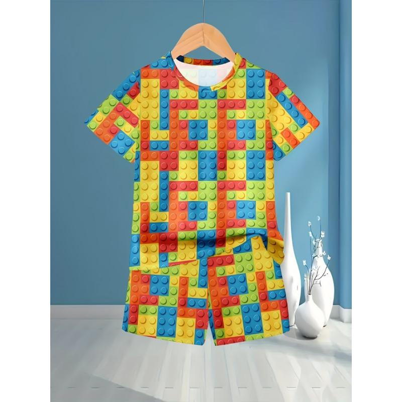 2025 Kinderbekleidung 3D Bunte Bausteine Sommer Tops Kinder Sets Kurzarm Kinder Trainingsanzug Sets Mode Jungen