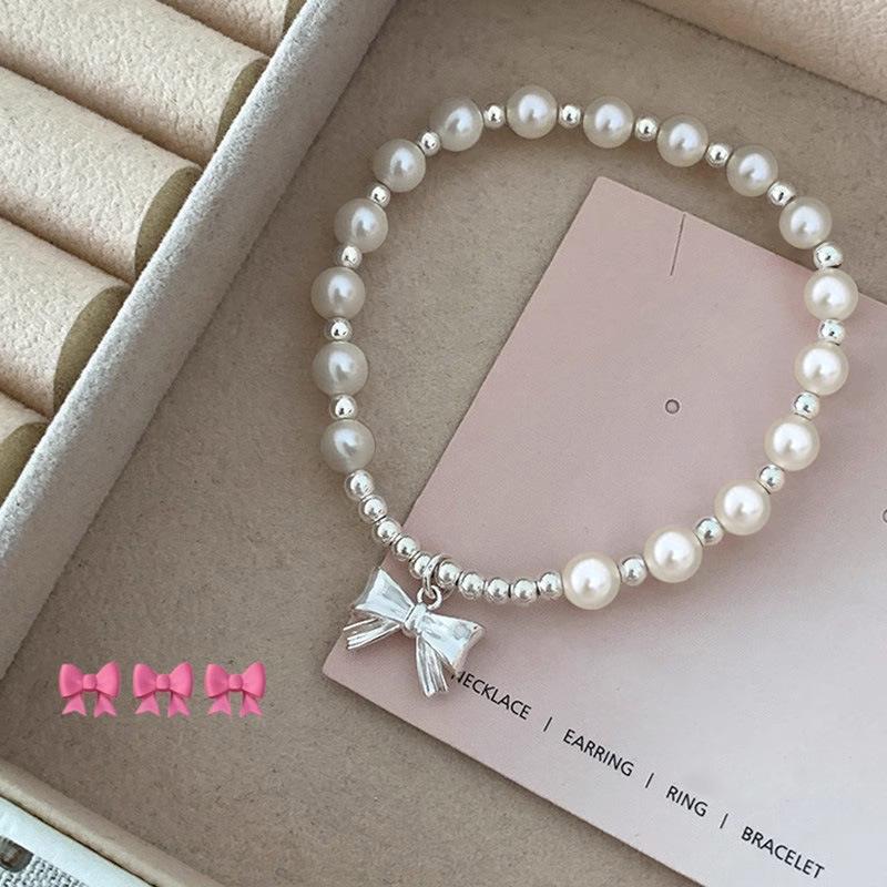 S925 Sterling Silver Bow Imitation Shijia Pearl Fashion Bracelet for Girls In an Ins Style Sweet and Girlish, Simple and Elastic