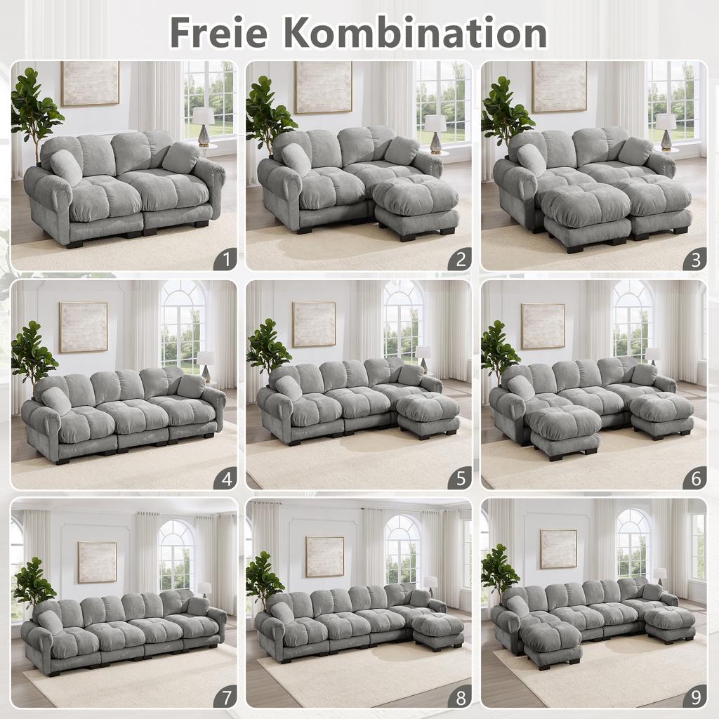 2-Sitzer Chenille-Sofa, L-förmige modulare Ecke, gestepptes Design, dicke Sitzkissen, mit mobilem Hocker, einfach zu montieren, Hellgrau
