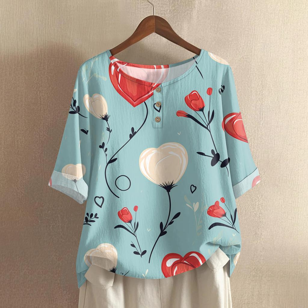 Damska koszulka z nadrukiem na Walentynki, casualowa, z krótkim rękawem, okrągłym dekoltem, z bawełny i lnu