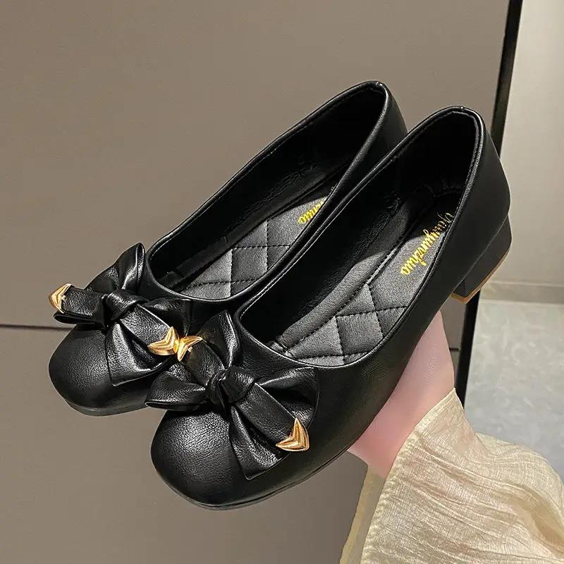 Fashion Women's Shoes Square Heels Toe Ladies Pumps with Bow Medium Popular Wholesale Chic Point on Sale Stylish High Quality Footwear