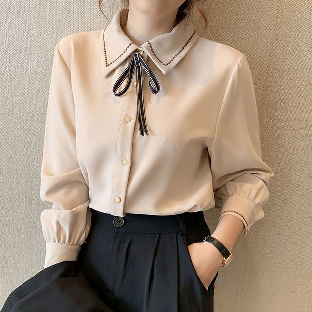 Women's Chiffon Shirt Top with Bow Tie and Lapel Collar Women's Shirt Long Sleeved Base Shirt