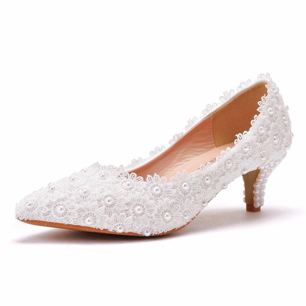 Large Size 5 Cm Lace High Heels Slim Heels Wedding Shoes Work Pointed Toe Bridesmaid Shoes Annual Meeting Photo Shoes