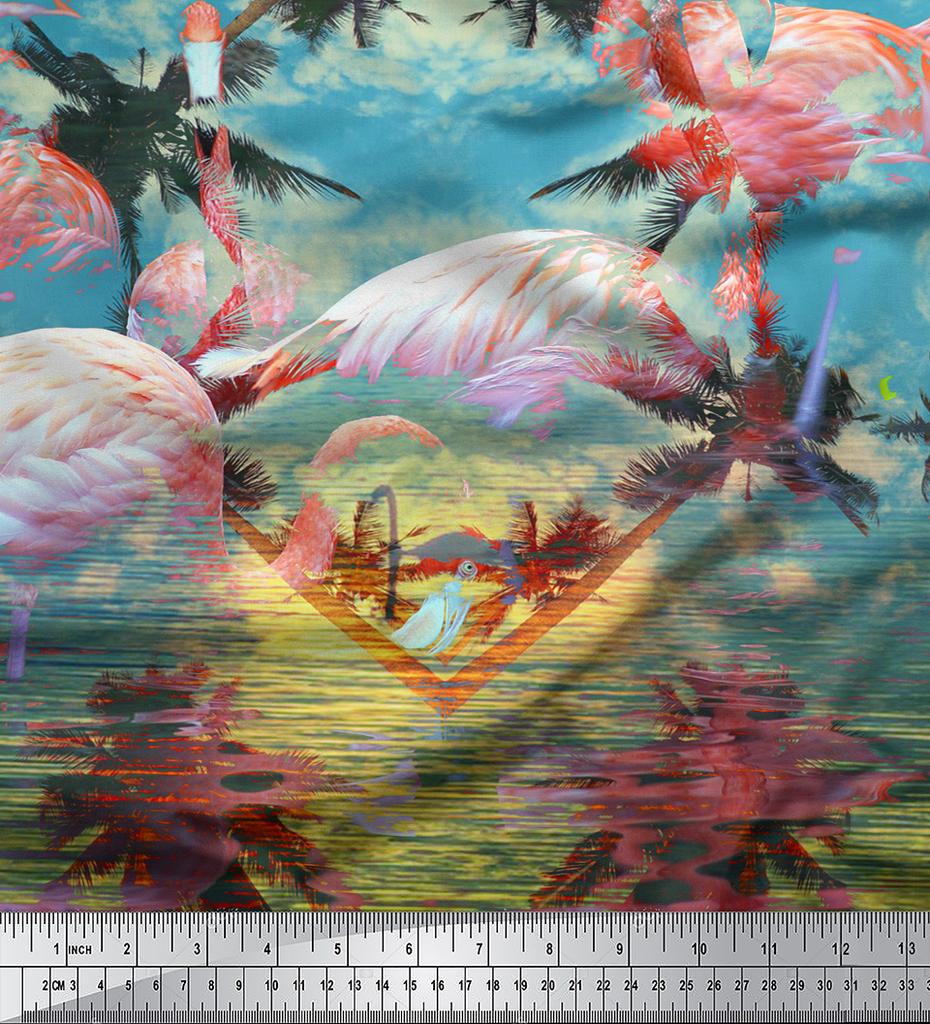 Soimoi Tessuto Raso Crêpe Giappone Albero di Palma| & Pannello Fenicottero Tessuto Stampato 1 metro 42 Pollici