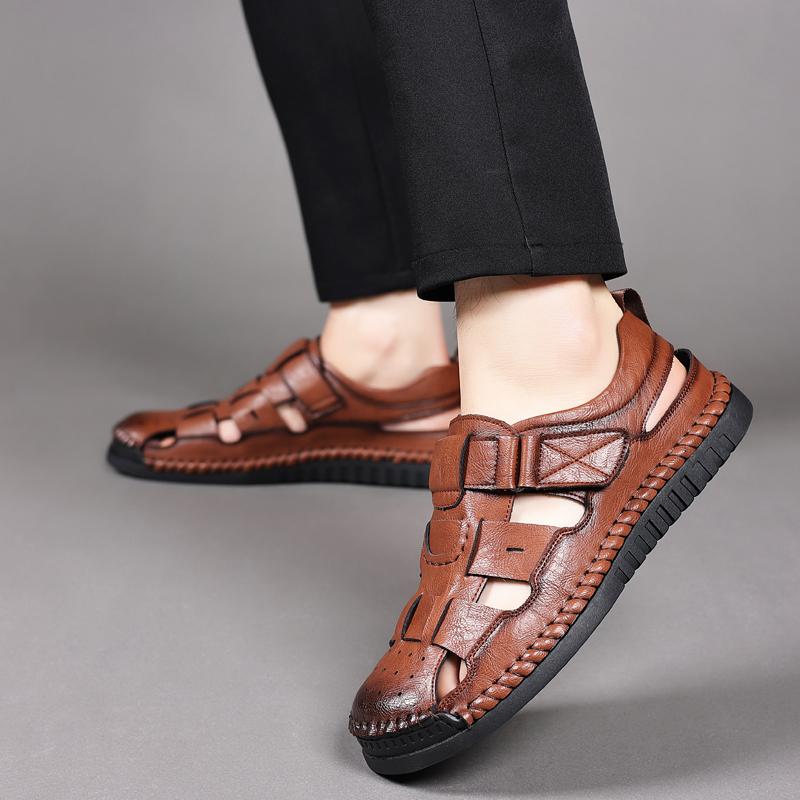 Leather Sandal for Men Round Toe Light Comfortable Mens Sport Sandals Trendy All match Breathable Non slip Beach Shoes