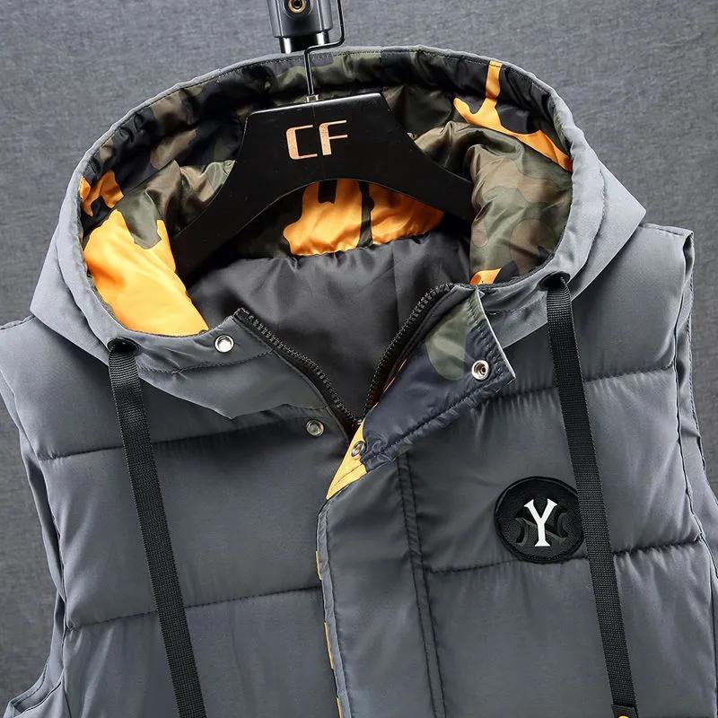 Herren Winterweste Baumwolle Warm Ärmellos Mantel Mütze Abnehmbare Gepolsterte Weste Arbeitskleidung Männlich Hochwertige Kleidung 5XL