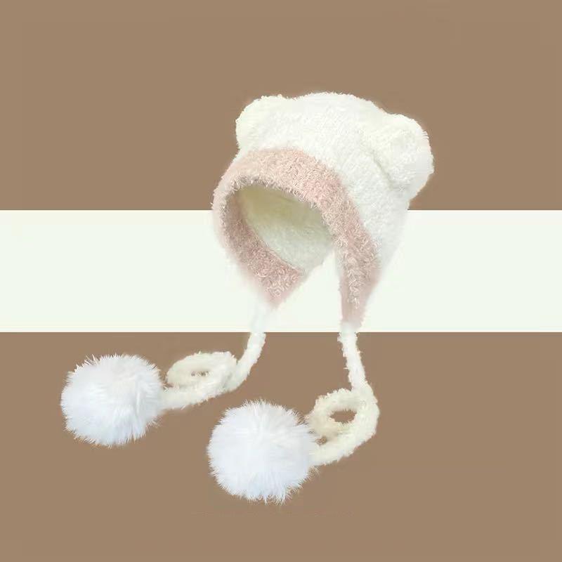 Autumn And Winter  Color Matching Bear Ear Strap Lei Feng Hat For Women Korean Cute Warm Ear Protection Knitted Wool Hat