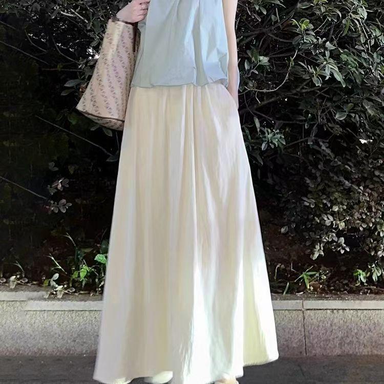 Women's Light Color High-Waist A-Line Pleated Maxi Skirt - Summer Thin-Fabric Flared Umbrella Silhouette for Slim Fit