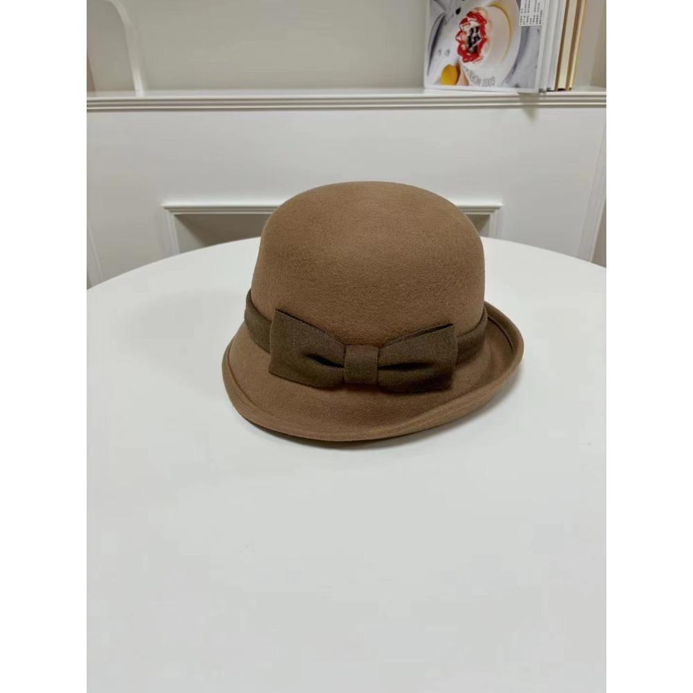 Hepburn wind warped edge small brim wool small pot hat bow decoration British versatile top hat autumn and winter bucket hat women