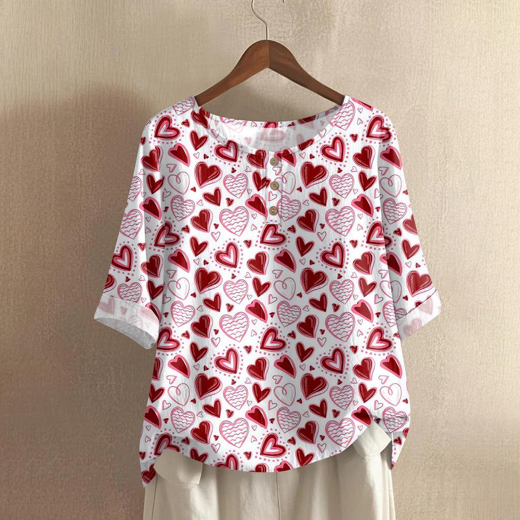 Damska casualowa bluzka z bawełny i lnu, z krótkim rękawem, okrągłym dekoltem i nadrukiem walentynkowym