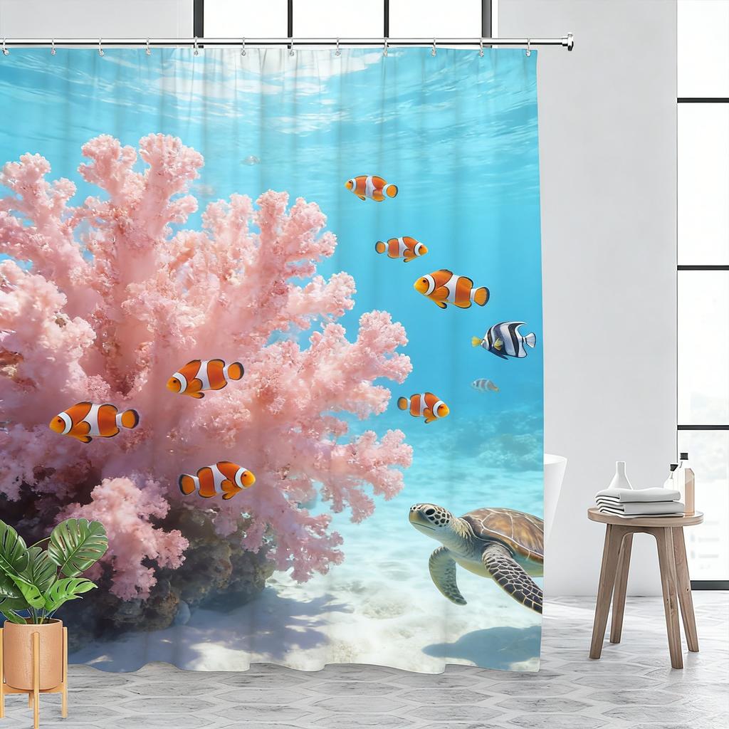 Vibrant Underwater Coral Reef with Sea Turtle & Clownfish Waterproof Shower Curtain for Bathroom Decor