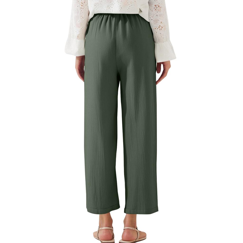 Dámské jednobarevné bavlněné a lněné kalhoty s kapsami a elastickým pasem, volnočasové kalhoty