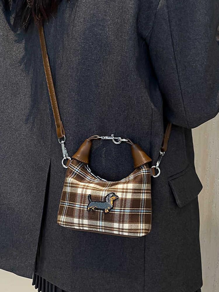 Herbstmode Kariertes Canvas Damen Tasche Trendiger PU-Leder Schultergurt Mini Umhängetaschen Damen Niedliche Lippenstift Münzbörse