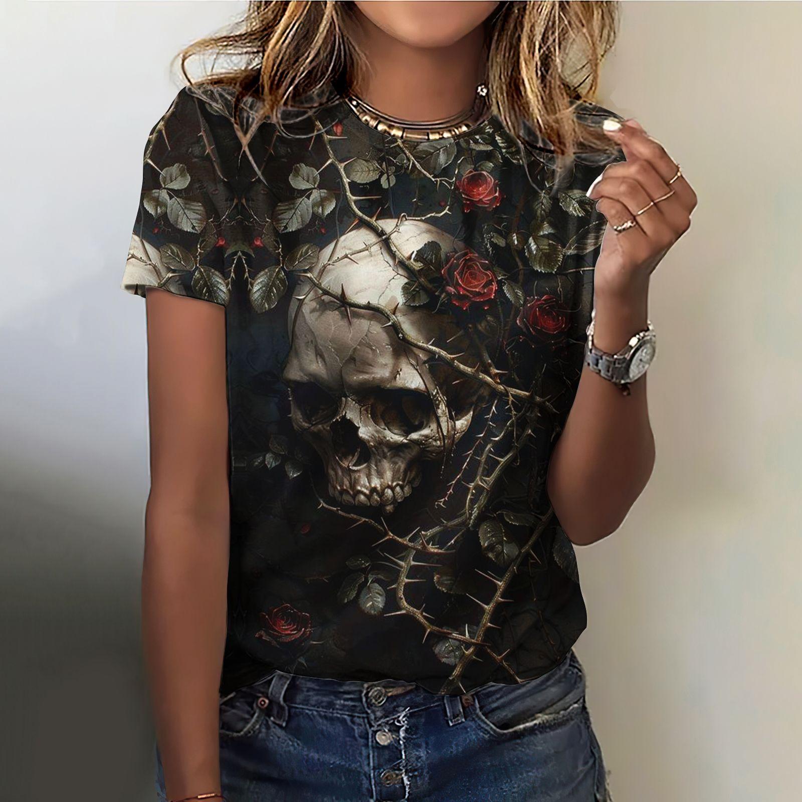 

Летние футболки с 3D-принтом «Цветок и череп», женская уличная одежда, повседневная мода 2000 года, футболка с коротким рукавом, футболки с круглым вырезом, топы, одежда 3XL