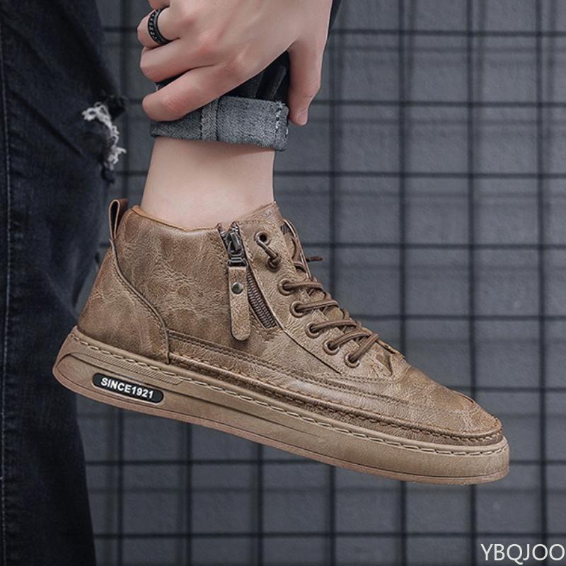 Large size winter fashion with thick fleece and warm men's short boots trendy and casual high top flat bottomed men's boots