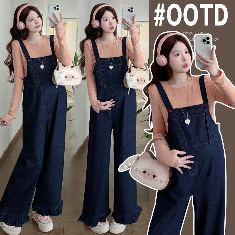 Spring Maternity Lace Wide-Leg Denim Overalls & Base Layer Top Set L