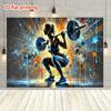 Powerful Fitness Tapestry, Graffiti-Style Female Athlete Performing a Squat with Bold Blue and Orange Splashes, High-Energy Gym Wall Art