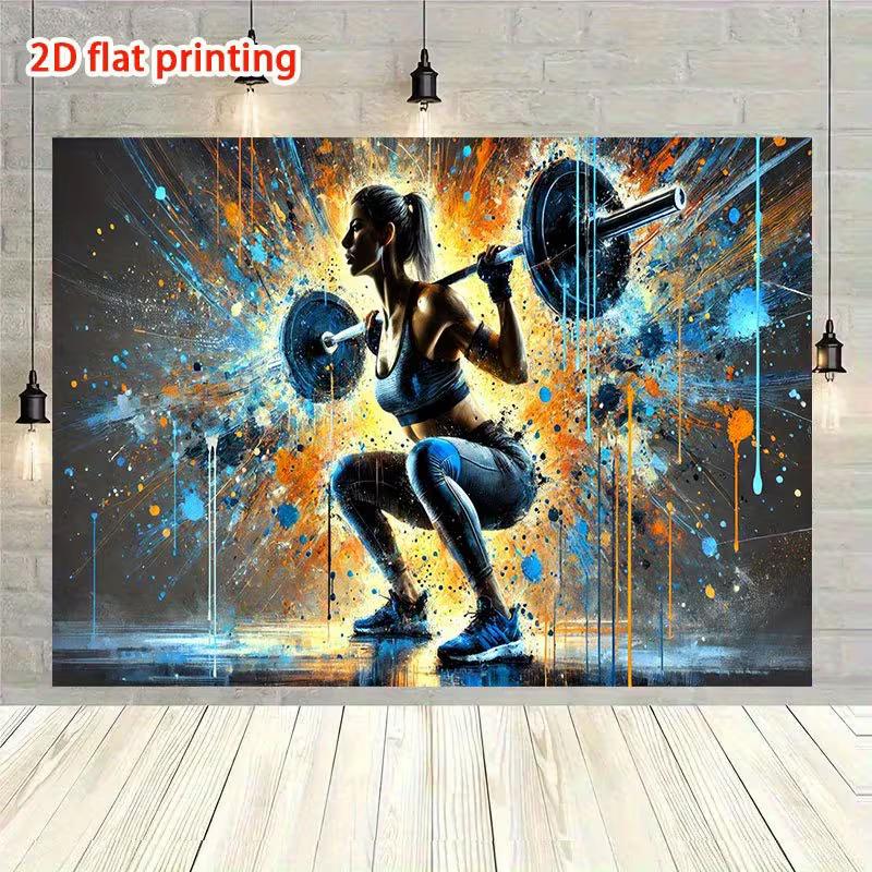 Powerful Fitness Tapestry, Graffiti-Style Female Athlete Performing a Squat with Bold Blue and Orange Splashes, High-Energy Gym Wall Art