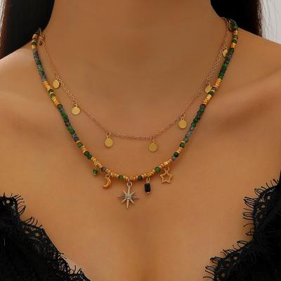 Vintage Bohemian Style Stone Beads Necklace for Women Charm Mang Star Pendant Stacked Clavicle Chain Fashion Jewelry Gifts
