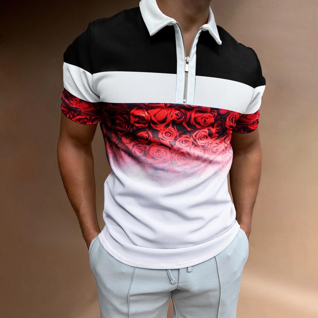 2022 new independent station supply 3D printing lapel short-sleeved pullover casual men's T-shirt zipper POLO shirt