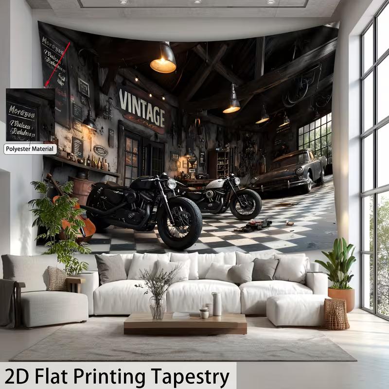 Man Cave Motorcycle Backdrop Vintage Car Repair Shop Photo Booth Background