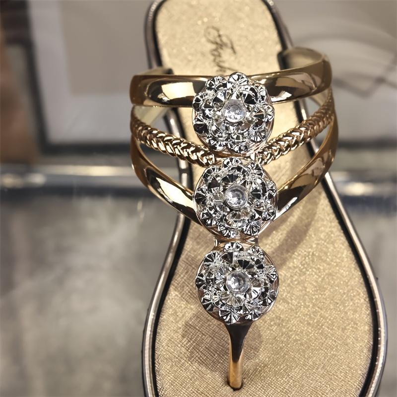 Sandalias elegantes con flores de diamantes de imitación para mujer: cómodas chanclas de playa con tacón plano, chanclas informales de PVC para todas las estaciones