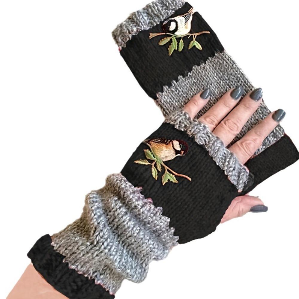 Embroidered Bird Half Finger Gloves Spicy Girl Y2k Winter Mittens Outdoor