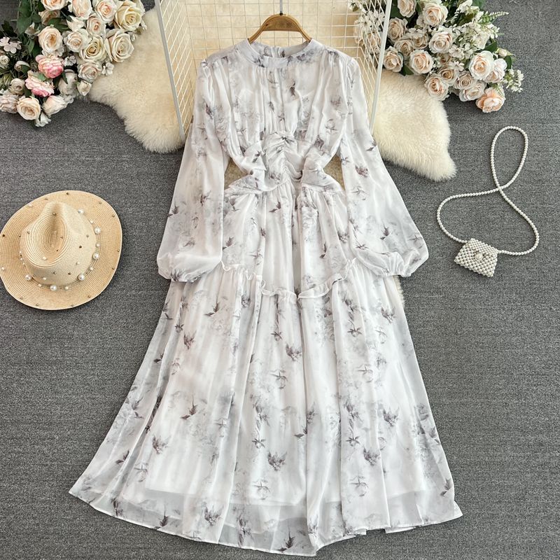 Accessible Luxury Lantern Long Sleeve Stand Collar Elegance Chiffon Dress