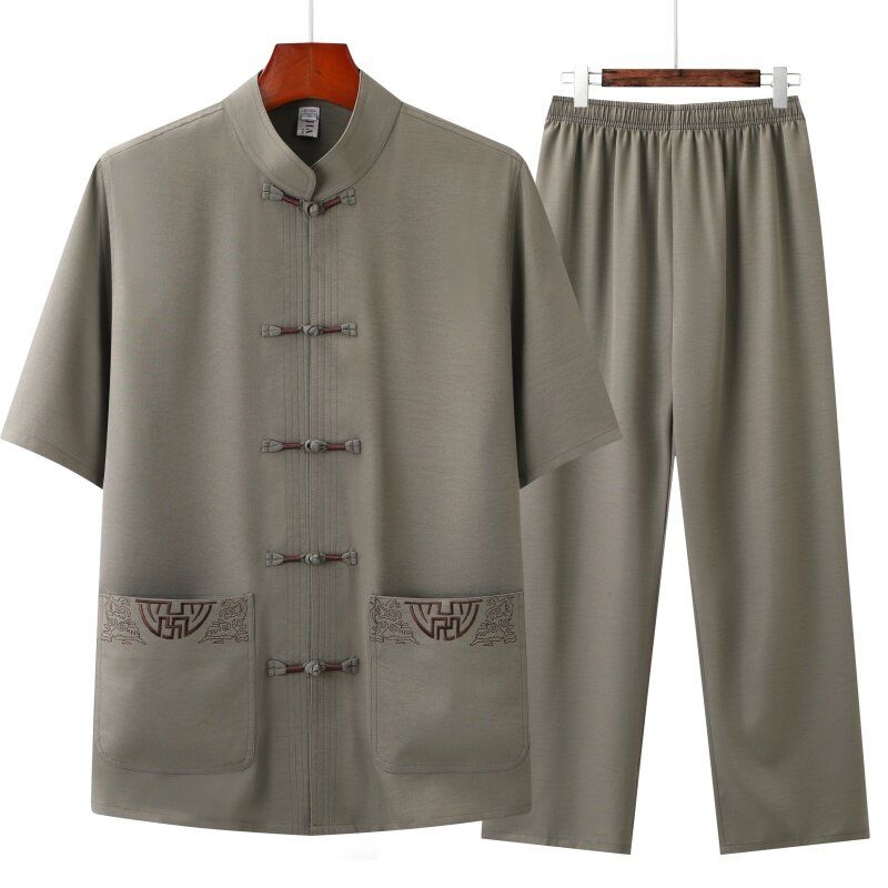 Traditional Clothing Set For Men Adult Tai Chi Kung Fu Uniforms Linen Short Sleeve Embroidery Casual Costumes
