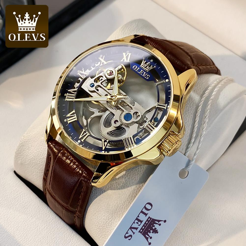 OLEVS 6661 Ceas Mecanic Automatic pentru Bărbați Schelet Complet Transparent Volant Curea din Piele Brand de Lux Ceas de Mână Original pentru Bărbați