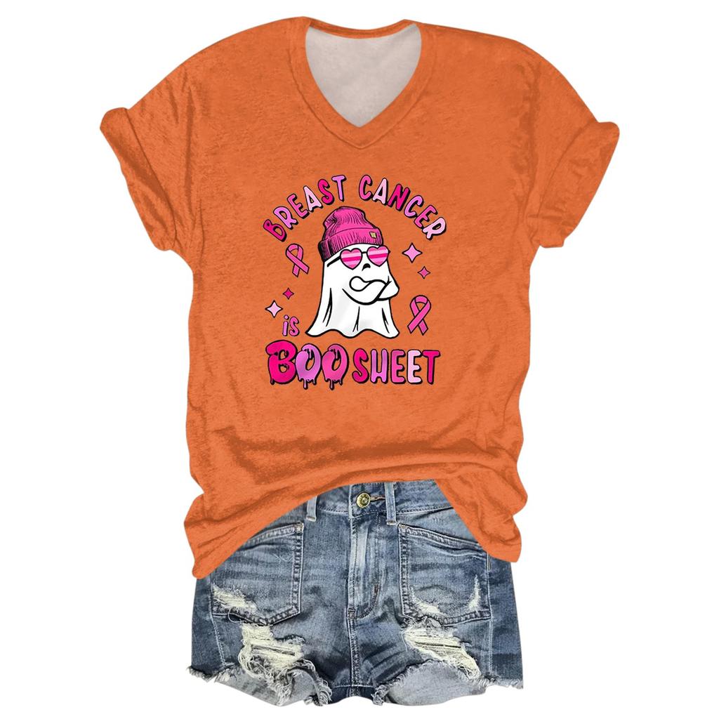 Ladies' Casual Halloween Printed V-Neck Short Sleeved T-Shirt