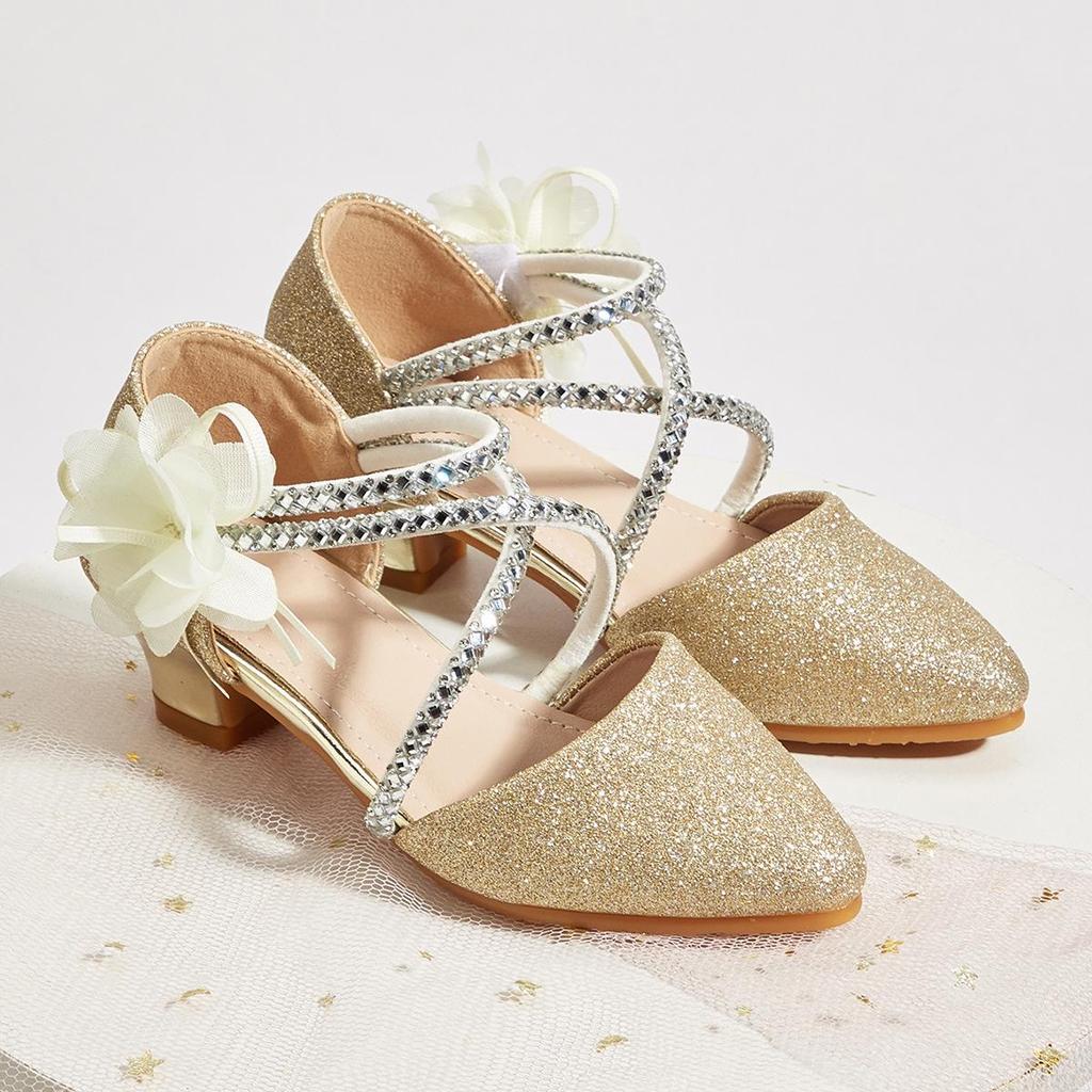 Girls' Pointed Toe Flower Princess Sandals - Chunky Heel, Hollow Design for Spring/Summer 2025