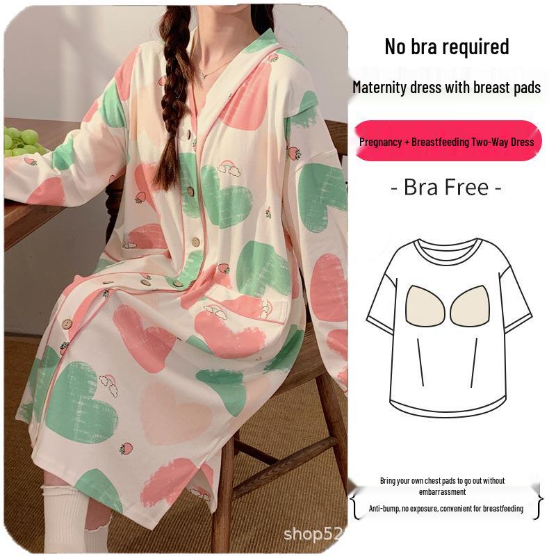Breathable Maternity Nightgown with Built-in Bra for Labor, Breastfeeding, & Postpartum - Spring & Autumn Style