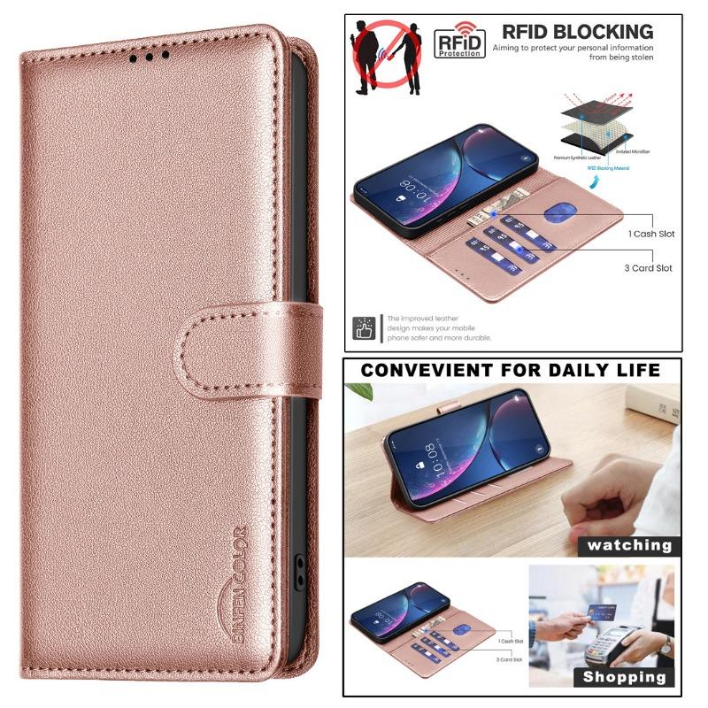 Rfid Small Lychee Pattern Leather Phone Case With Card Holder Stand For Apple Iphone