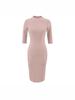 Women's Elegant Ribbed Knit Bodycon Dress - Pink, Long Sleeve, Mid-Length, Summer Style