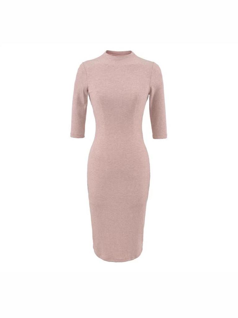 Women's Elegant Ribbed Knit Bodycon Dress - Pink, Long Sleeve, Mid-Length, Summer Style
