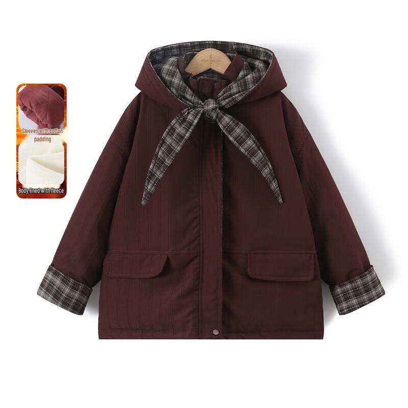 MengteJiao Girls  Plaid Patchwork Thickened Winter Jacket 140
