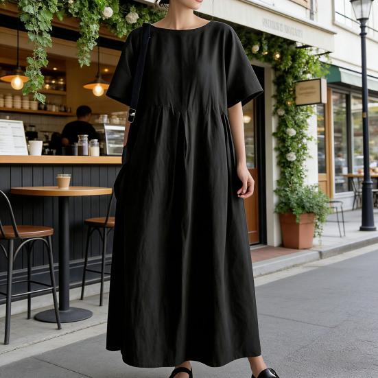 Summer Cotton Linen Dress for Women Short Sleeve Crew Neck A-linen Swing Dress Casual Loose Flowy Beach Sundress with Pockets